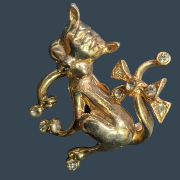 Castlecliff Vintage Gold Kitty Brooch With Rhinestones & Bow Jeweled Cat Pin - Picture 7 of 9